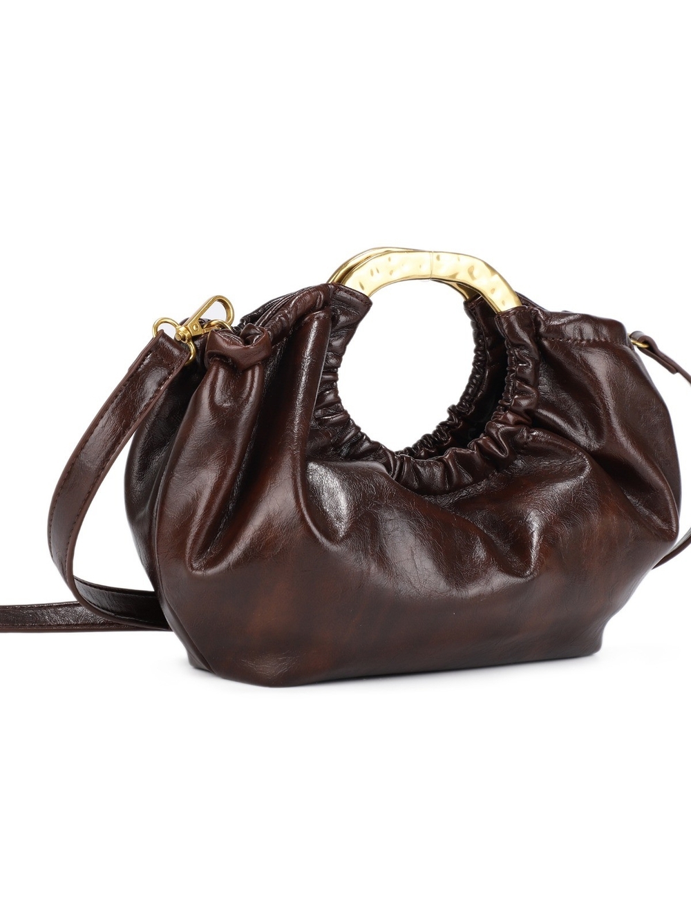 Luxurious Coffee Vegan Leather Ruched Handbag with Gold Handle